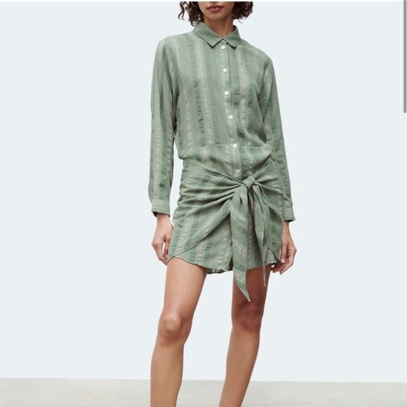 Zara The Zoe Dress Green Striped‎ Tie Front Mini Button Down Shirt Dress Size XS - Picture 1 of 10